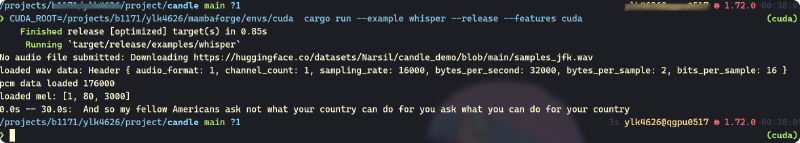 Terminal output of the candle Whisper example transcribing audio
